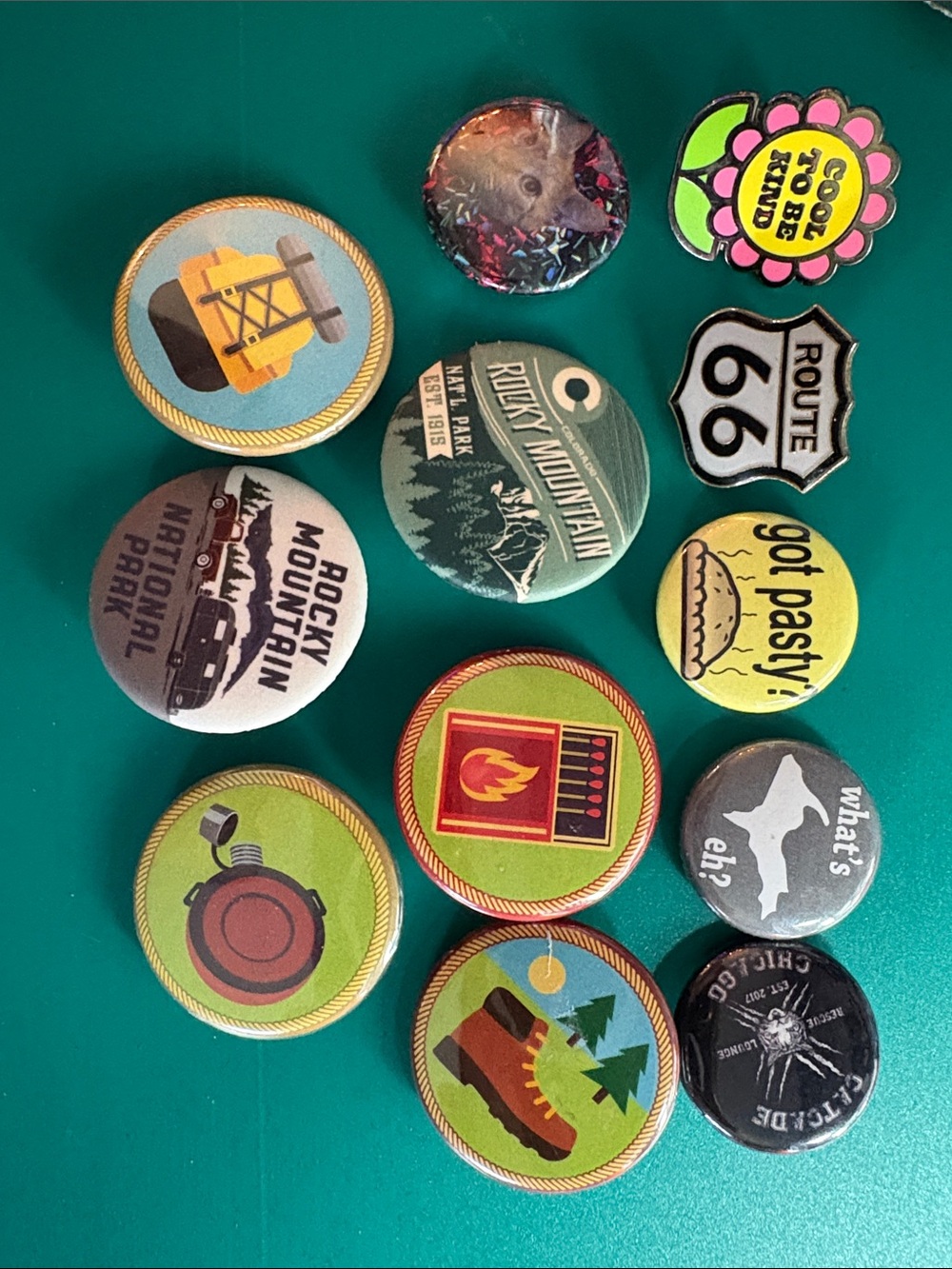 Assorted Retro Travel & Slogan Button Pins - Yellow, Green, Pink, Silver, Cream